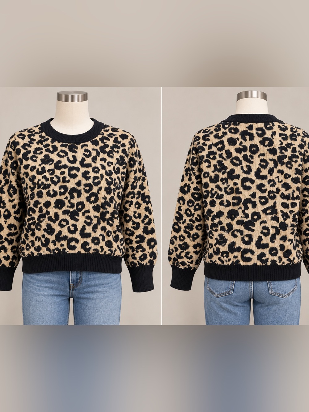 WORKSHOP Leopard Print Crewneck Sweater - Black & Tan